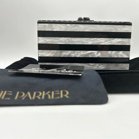 New Edie Parker Women's Jean Black Pearl White Striped Clutch Bag rare - Picture 4 of 13